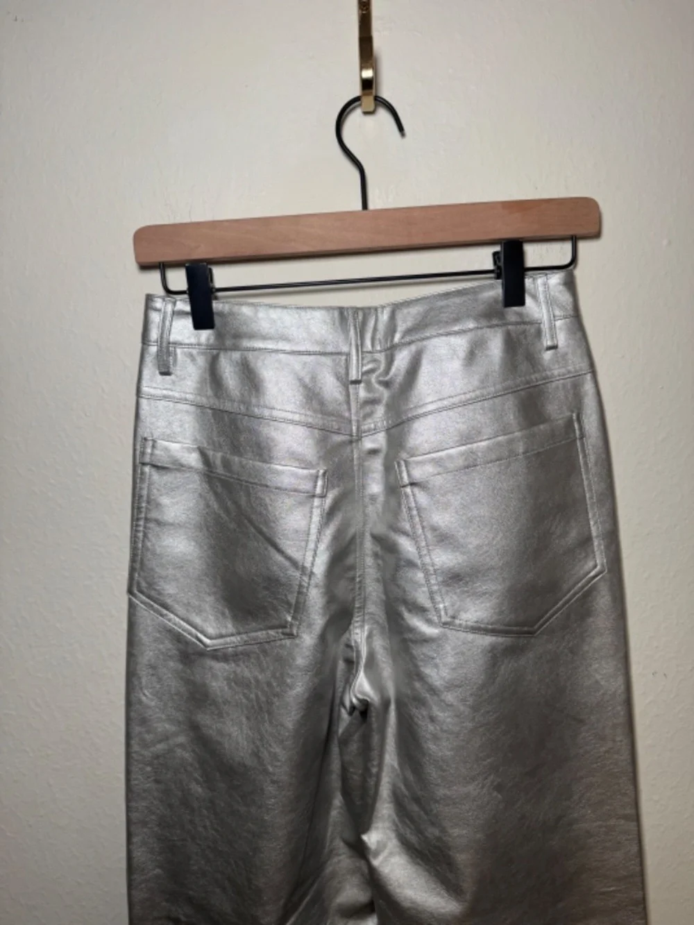 WAYF Metallic Silver Pants Women’s XS High Rise Wide Leg Faux Leather Y2K Disco